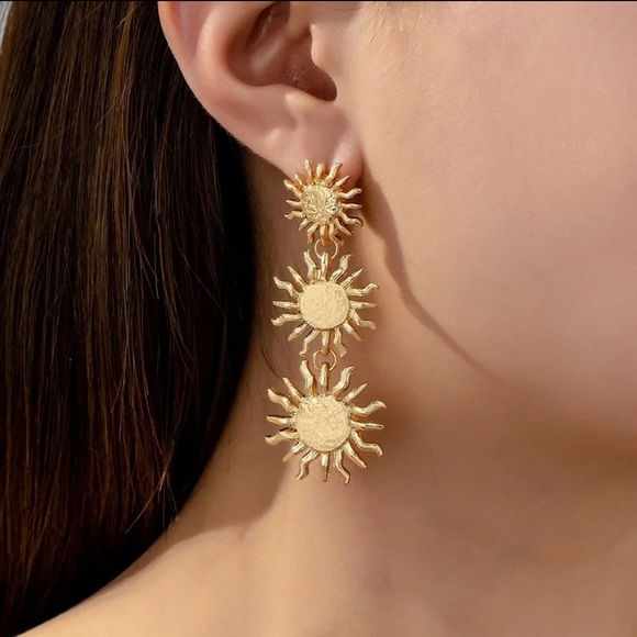 Zara. Gold Triple Sun Earrings - Picture 6 of 14